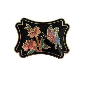 Vintage Floral Butterfly Cloisonne Scarf Slide or Bolo Tie Black Enamel